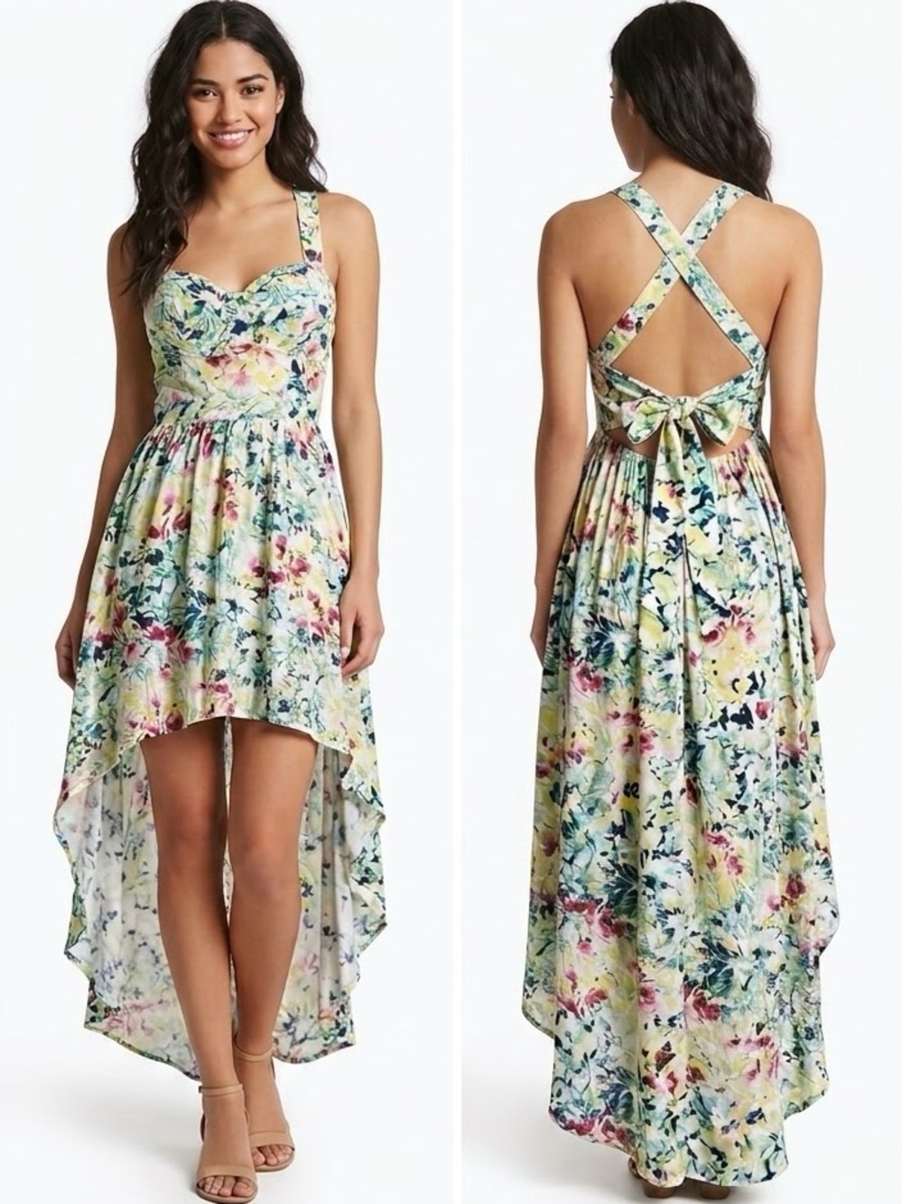 Forever 21 High Low Floral Corset Backless Cross Cross Bow Dress | size medium